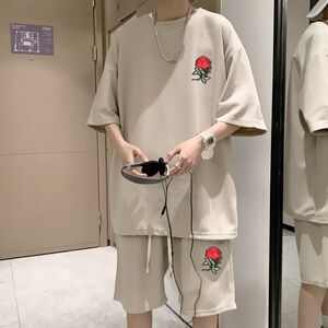 ZT15*P48夏季刺绣短袖t恤男士休闲套装ins潮流一套搭配短裤两件套图片