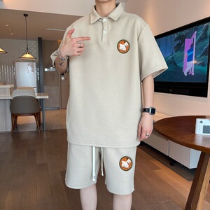 ZL01*P58 华夫格短袖短裤套装男夏季翻领t恤潮牌polo衫宽松两件套图片
