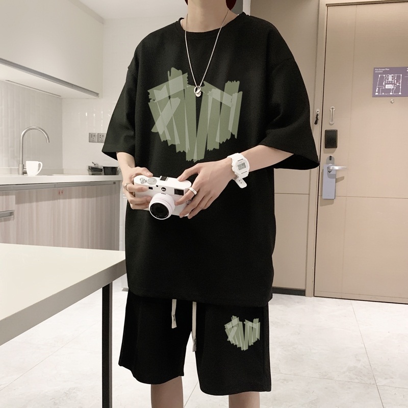 ZT37*P48华夫格短袖t恤男士夏季套装潮流一套搭配帅气男装上衣服，男装休闲套装，星座414A-2（原B215-2）