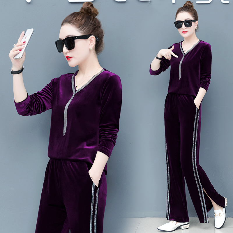 金丝绒套装女春秋季2018新款韩版时尚运动服休闲阔腿裤显瘦两件套