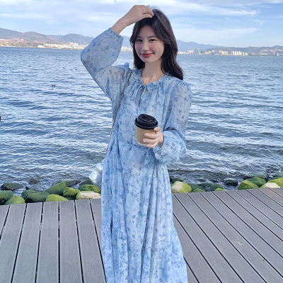优质版漂亮显白轻奢小众高级感百搭海边浪漫碎花长裙长袖连衣裙女