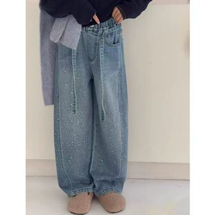 女童烫钻牛仔裤春秋薄款儿童巨好看亮闪闪休闲阔腿裤少女带钻裤子