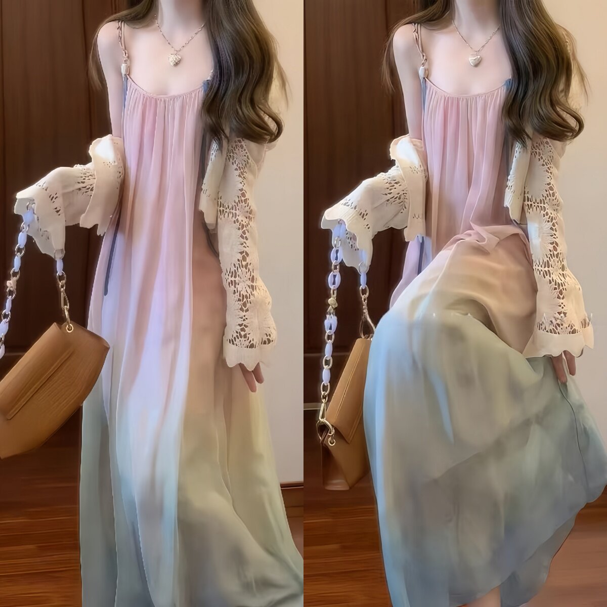 女童渐变吊带连衣裙夏季薄款儿童裙子超好看大童沙滩裙亲子装大码