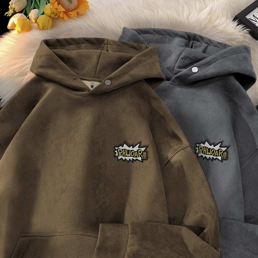 情侣美式哥特字体LOGO刺绣麂皮绒加绒连帽卫衣GM219P50控75，男装卫衣，星座414A-3（原B215-3）