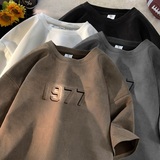 压花钢印仿麂皮绒夏季T恤短袖复古美式体恤衫上衣GT602P35控45，男装T恤，星座414A-3（原B215-3）