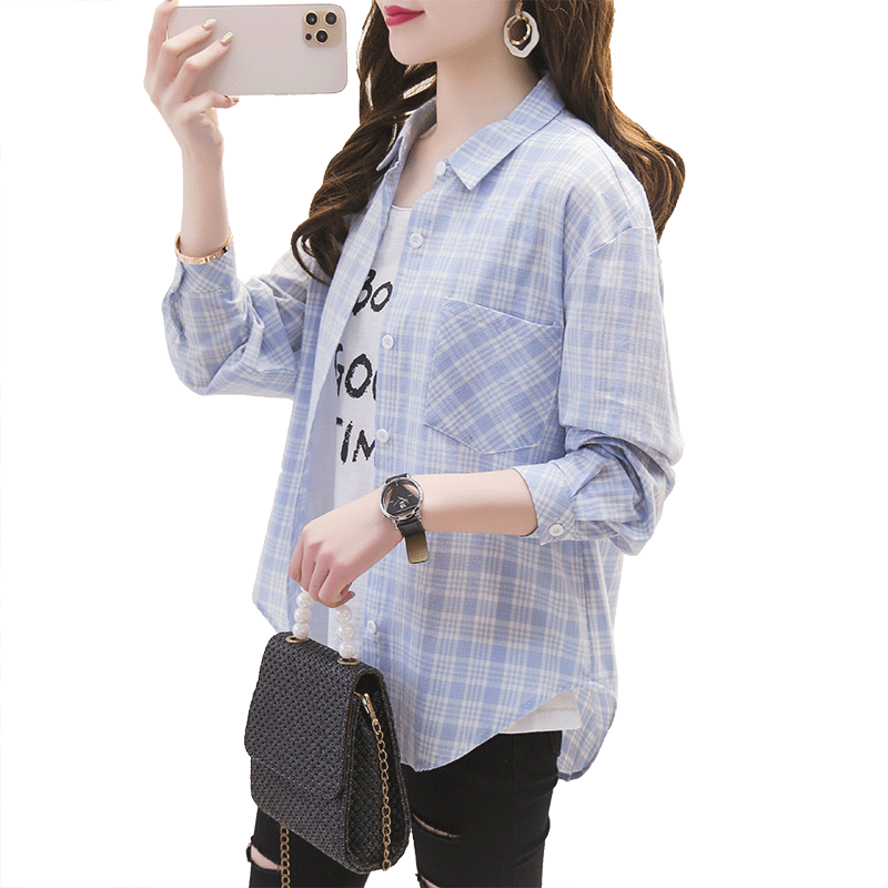 2025夏季新款薄款格子防晒衬衫女长袖韩版宽松纯棉黄色防晒衣外套