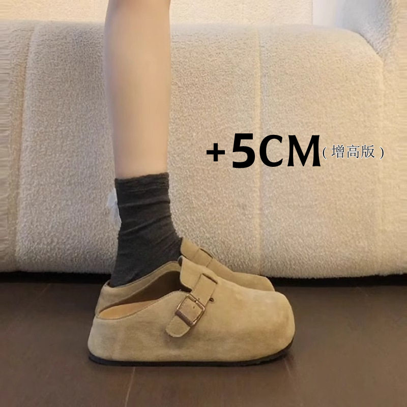 牛皮版5cm内增高一脚蹬勃肯鞋女2026新款厚底包头半拖鞋外穿拖鞋