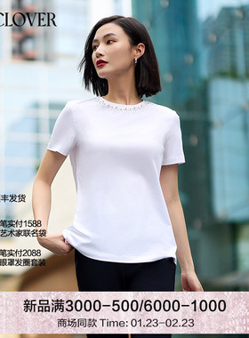 兰卡文(LA CLOVER)卢浮之吻珍珠水钻短袖T恤LC81ZR5