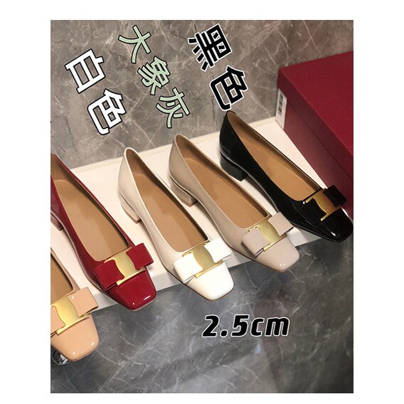 菲拉格家漆皮中跟方头蝴蝶结单鞋浅口马蹄跟红色婚鞋真皮女鞋百搭