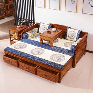 新中式罗汉床实木伸缩两用推拉床小户型客厅储物抽拉榆木沙发床榻