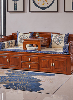 新中式储物罗汉床实木箱体老榆木沙发床榻小户型简约原木客厅家具