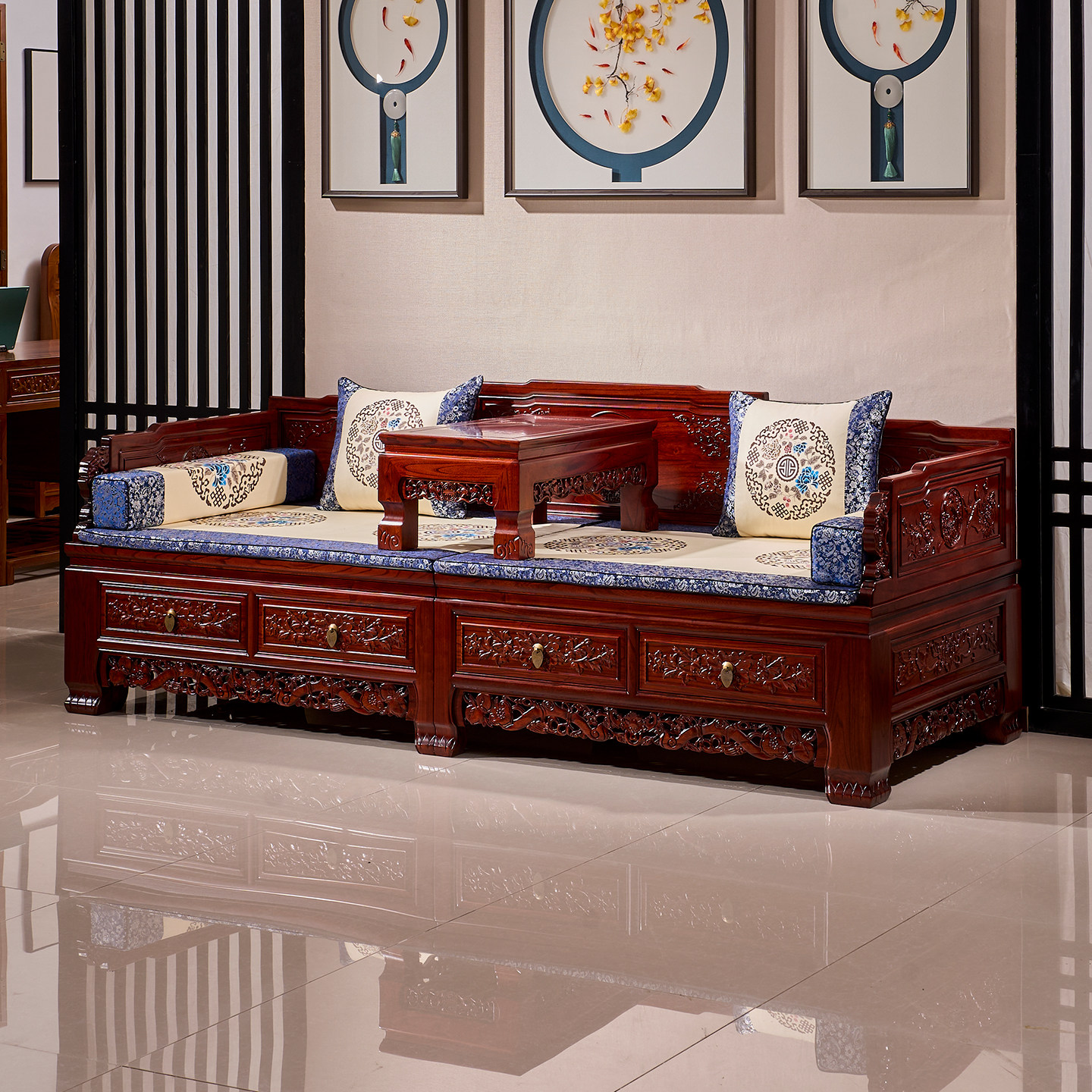 新中式罗汉床小户型榆木推拉两用沙发床复古实木储物床榻客厅家具