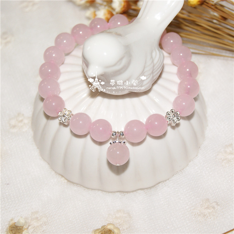 天然粉水晶手串吊坠可爱风小花朵