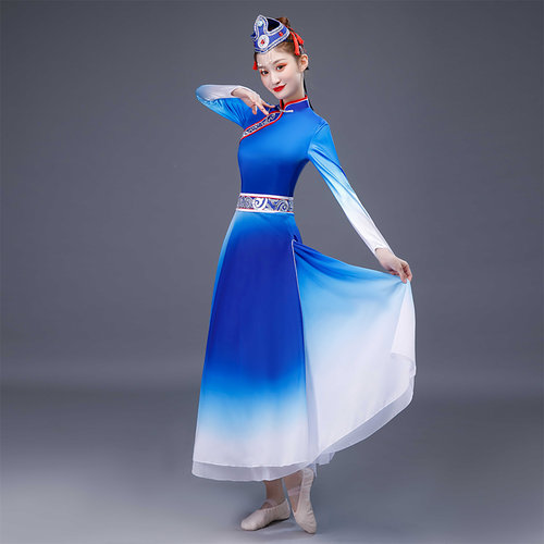 蒙古族蓝白渐变舞蹈服艺考表演服少数民族演出服蒙古服连衣裙定制