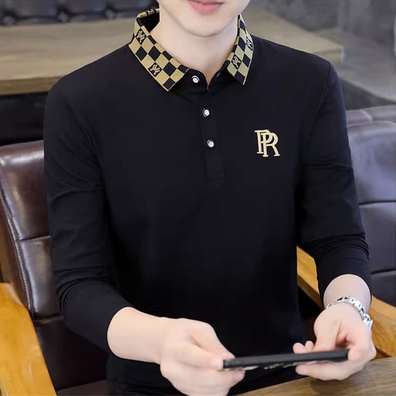 高端长袖POLO衫男2025春秋款免烫翻领体恤潮流刺绣修身休闲打底衫