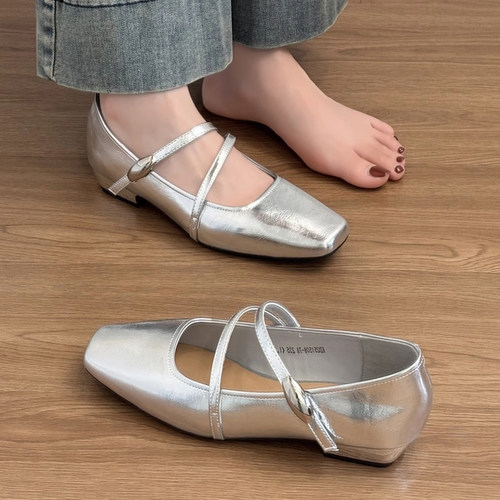 方头银色玛丽珍鞋女2025春夏季