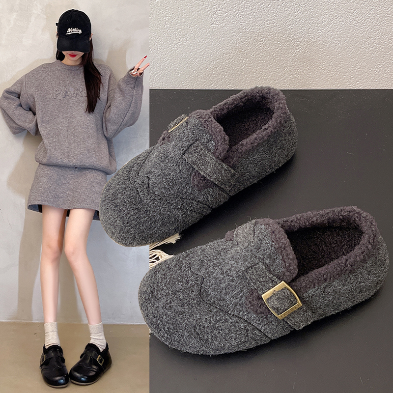 毛绒勃肯鞋女2025秋冬新款毛呢