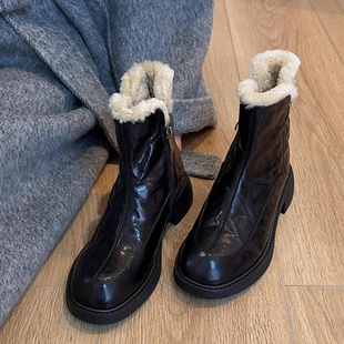 毛毛鞋 瘦瘦靴保暖棉鞋 小个子短靴 冬季 厚底皮面雪地靴女2025新款