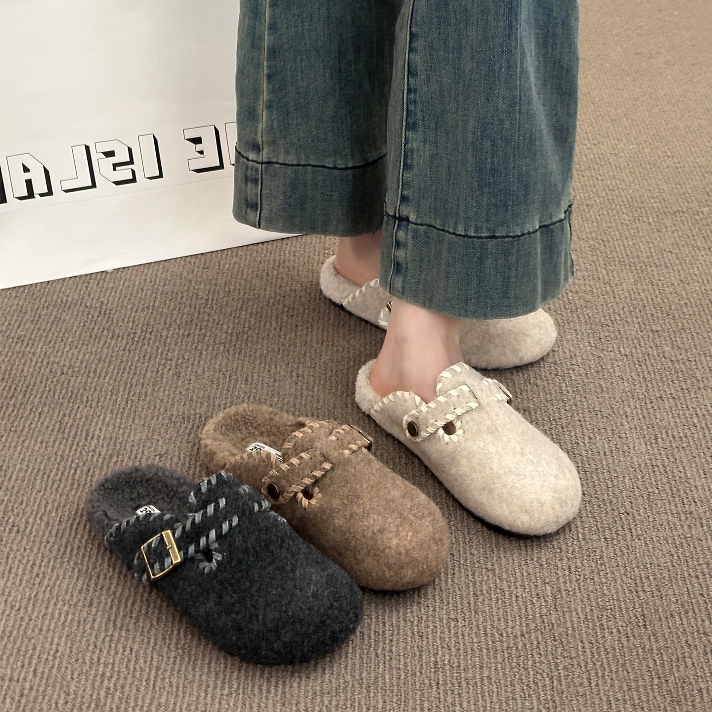 毛呢加绒勃肯鞋包头半拖鞋女