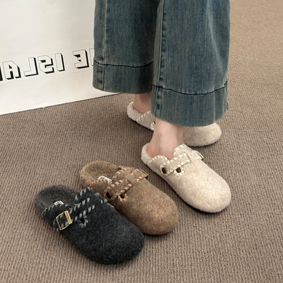 毛呢加绒勃肯鞋包头半拖鞋女