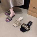 高级感方头粗跟毛绒拖鞋 坡跟水钻一字超火毛毛拖鞋 女外穿2025新款