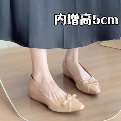 内增高尖头裸色蝴蝶结漆皮单鞋女