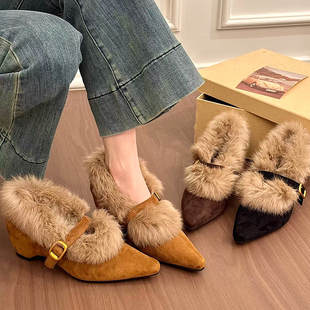 内增高粗跟复古绒面毛毛鞋坡跟单鞋女2026秋冬新款加绒保暖棉鞋子