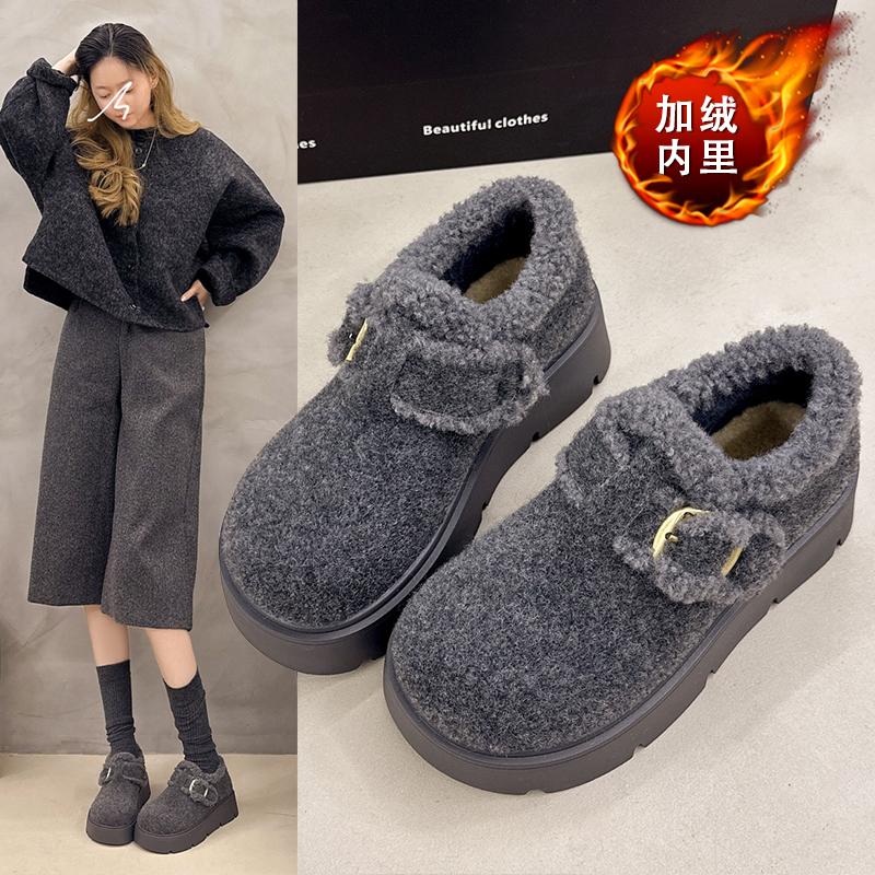 毛呢厚底加绒勃肯鞋女2025冬季