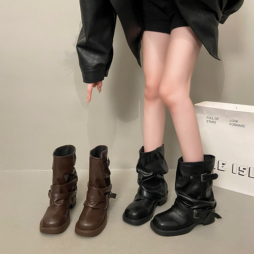 复古风皮带扣机车靴短靴女2026