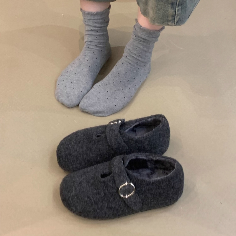 全包灰色毛呢加绒勃肯鞋女2025