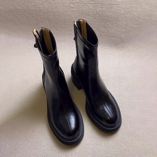 内增高复古圆头高跟短靴女2025秋冬新款小个子粗跟加绒厚底瘦瘦靴