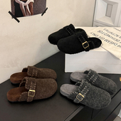 秋冬一脚蹬外穿厚底灰色毛毡勃肯鞋 厚底呢子包头半拖鞋 女2025新款