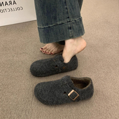 复古毛毡加绒勃肯鞋 毛呢乐福鞋 女2025秋冬新款 加绒一脚蹬保暖棉鞋