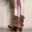 复古美拉德翻折两穿短靴女2025秋冬新款内增高短筒显瘦西部牛仔靴