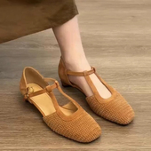 配裙子中空玛丽珍粗跟包头单鞋 复古编织绝美罗马凉鞋 女夏2025新款