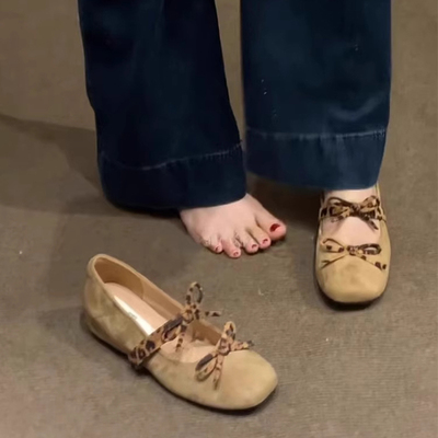 法式内增高方头豹纹蝴蝶结单鞋