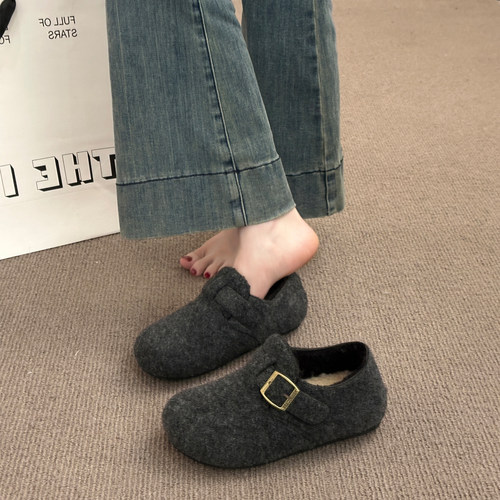 加绒灰色毛呢全包勃肯鞋女2025