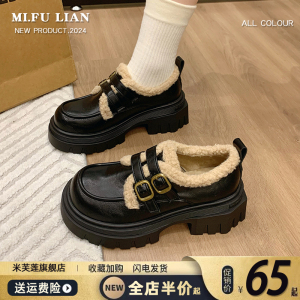 复古小皮鞋女2024新款秋冬季加绒英伦风雪地靴棉鞋子毛毛鞋乐福鞋