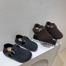 勃肯鞋女灰色秋冬新款毛呢厚底百搭两穿毛毛鞋加绒保暖穆勒鞋棉鞋