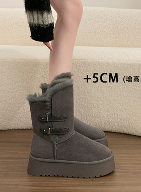 厚底皮带扣雪地靴女款2026冬季新款灰色加绒保暖中筒棉靴短筒棉鞋