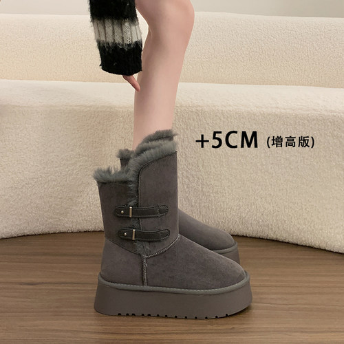 灰色厚底皮带扣雪地靴女款加厚
