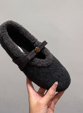 法式灰色毛呢保暖加绒毛毛鞋女2025秋冬新款复古勃肯玛丽珍鞋单鞋