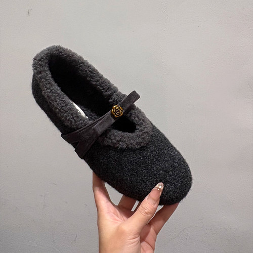 法式灰色毛呢保暖加绒毛毛鞋女