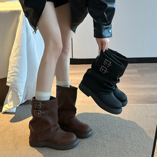 复古短筒裤管靴2026秋冬季新款棕色英伦风增高靴子女款厚底马丁靴