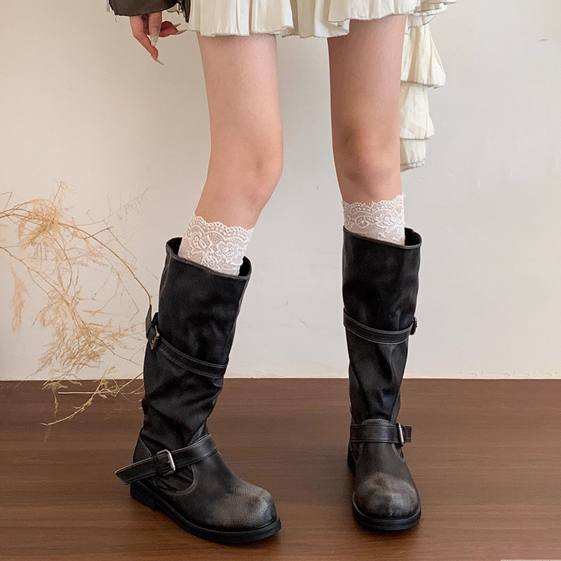 炸街辣妹复古擦色做旧长筒机车靴