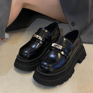 英伦风小皮鞋女2023年春秋新款一脚蹬单鞋厚底增高百搭休闲乐福鞋