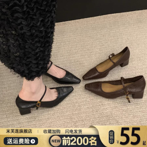 玛丽珍高跟鞋女2024年春新款粗跟法式配裙子气质单鞋尖头浅口鞋子