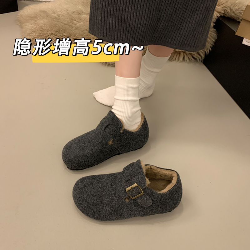 灰色毛呢一脚蹬厚底博肯毛毛鞋