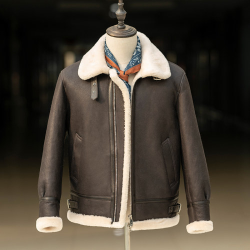 经典B3夹克原生态羊皮毛一体男真皮毛外套时尚棕色保暖厚大衣