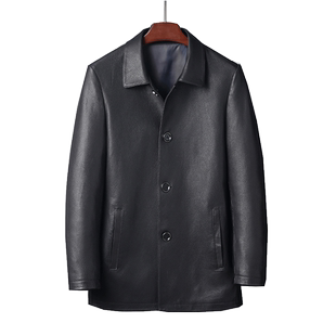 新款真皮皮衣男中年翻领皮夹克进口山羊皮外套春秋真皮中长款大衣